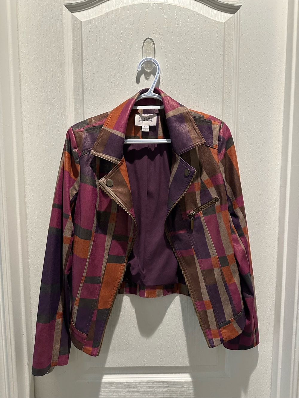 Joseph Ribkoff Purple Multi Plaid Leather Jacket